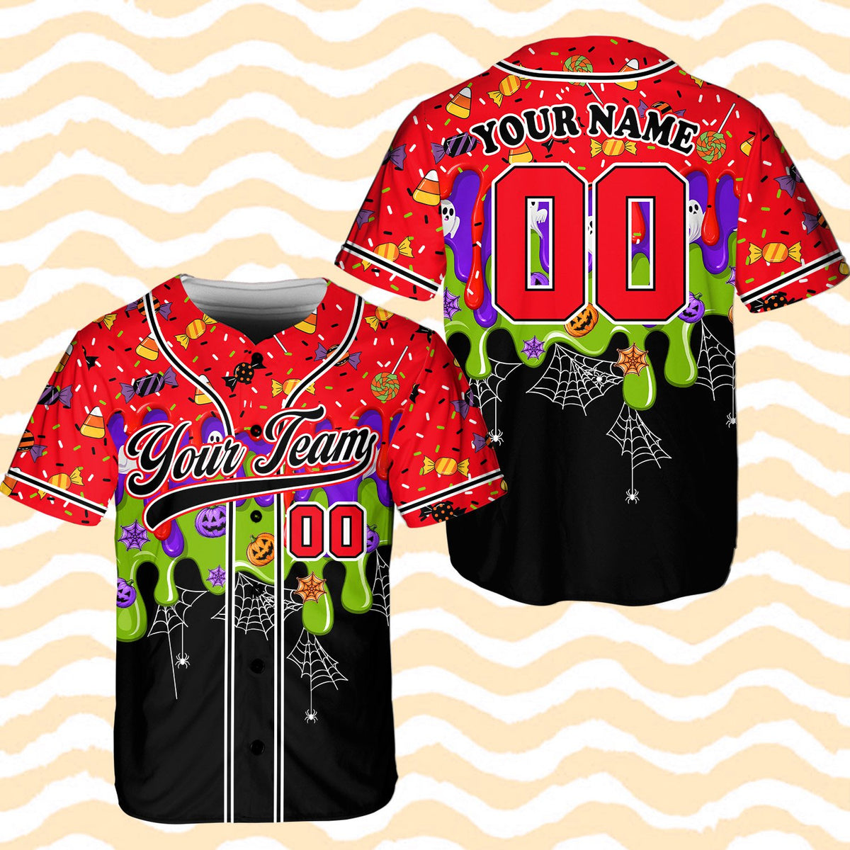 Another front view of the custom baseball jersey with festive candy corn pattern