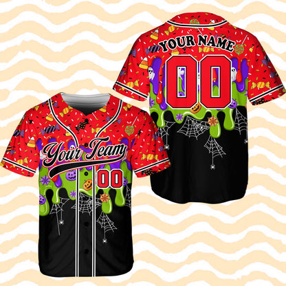 Another front view of the custom baseball jersey with festive candy corn pattern