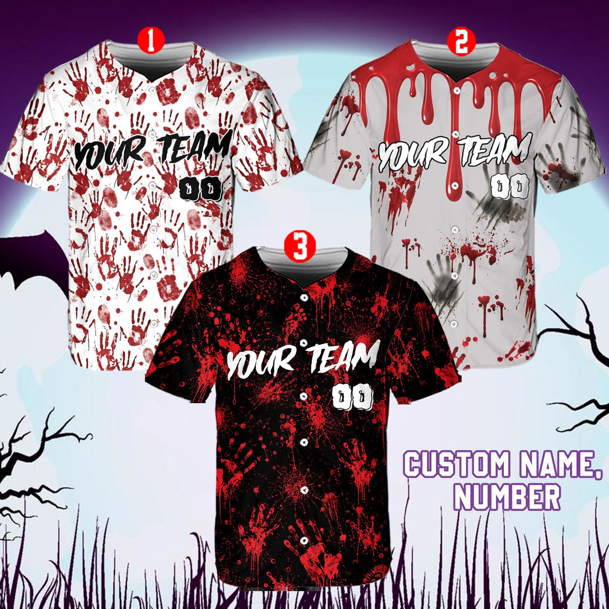 Front view of a multicolor custom name baseball jersey with bloody handprints