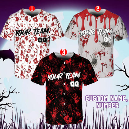 Front view of a multicolor custom name baseball jersey with bloody handprints