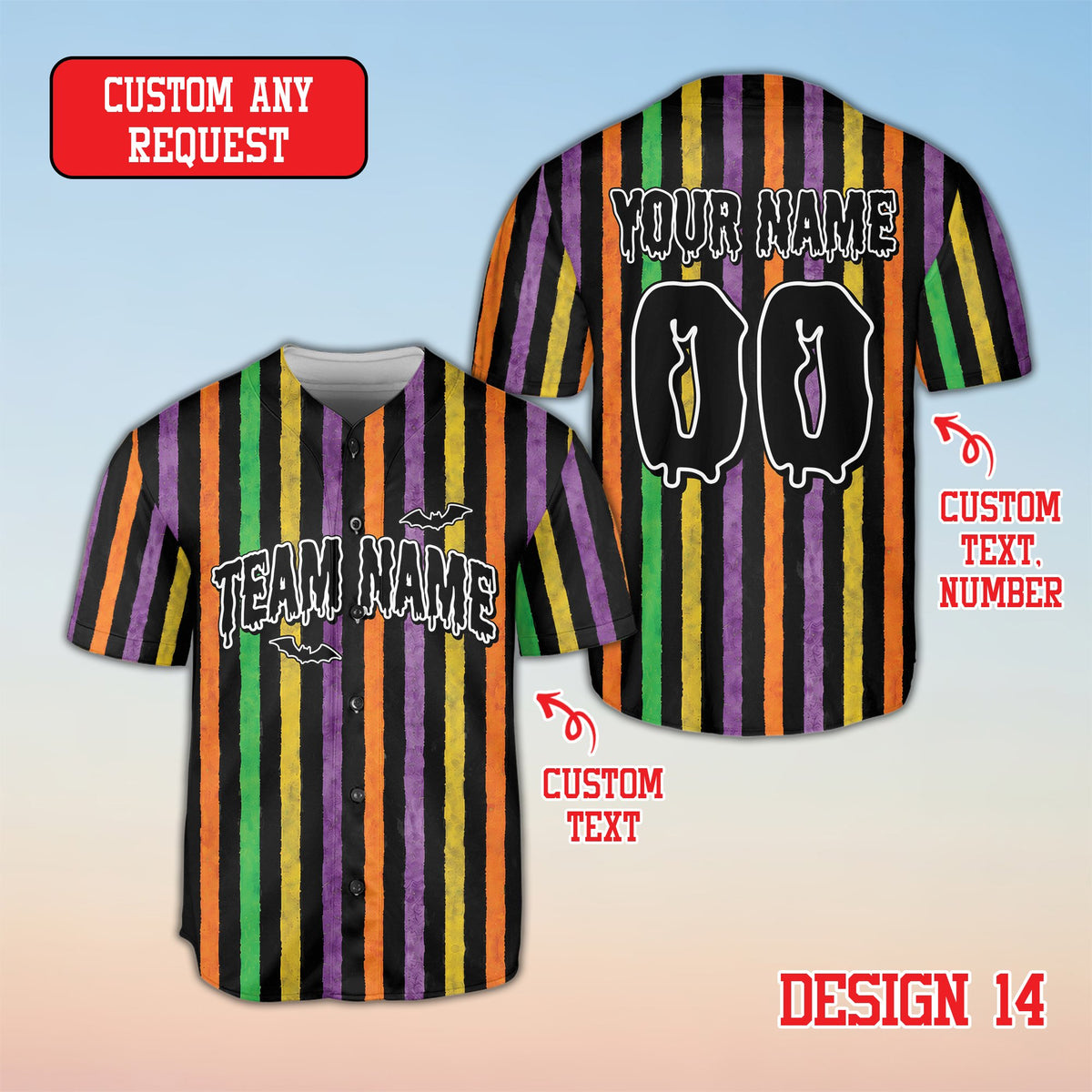 Front view of personalized multicolor halloween baseball jersey variation 6