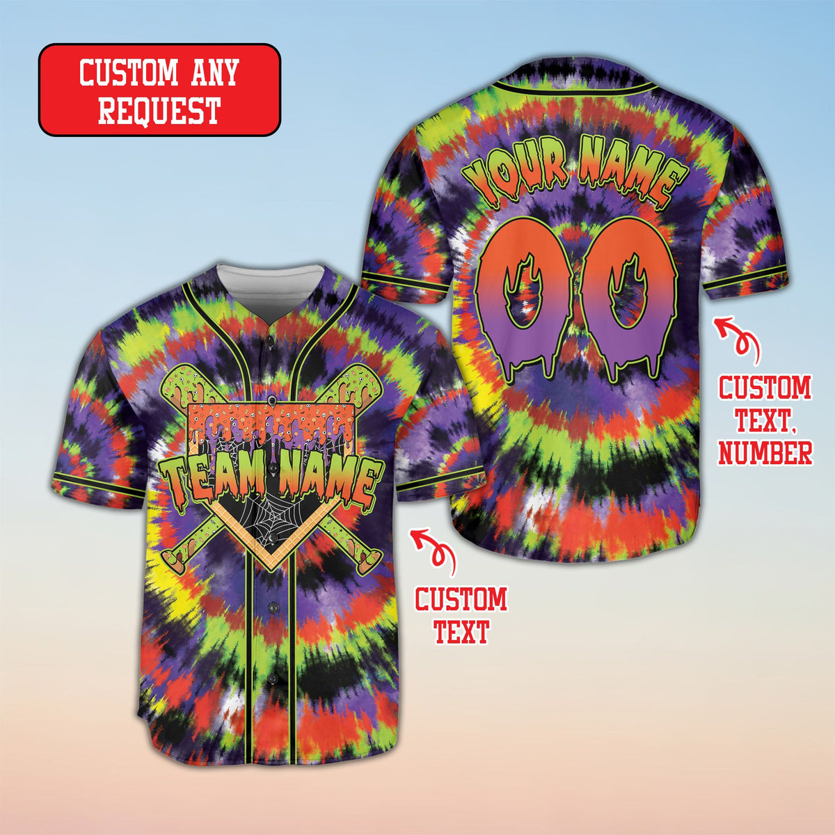 Angled view showing the vibrant colors of the custom baseball jersey