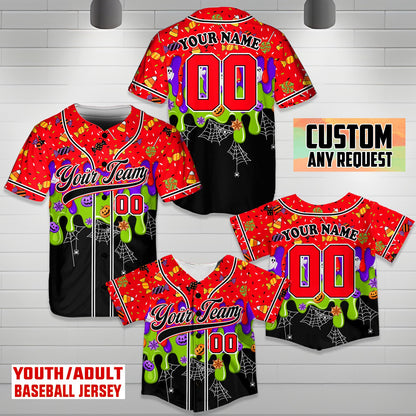 Detailed front view of the halloween baseball jersey displaying custom text placement