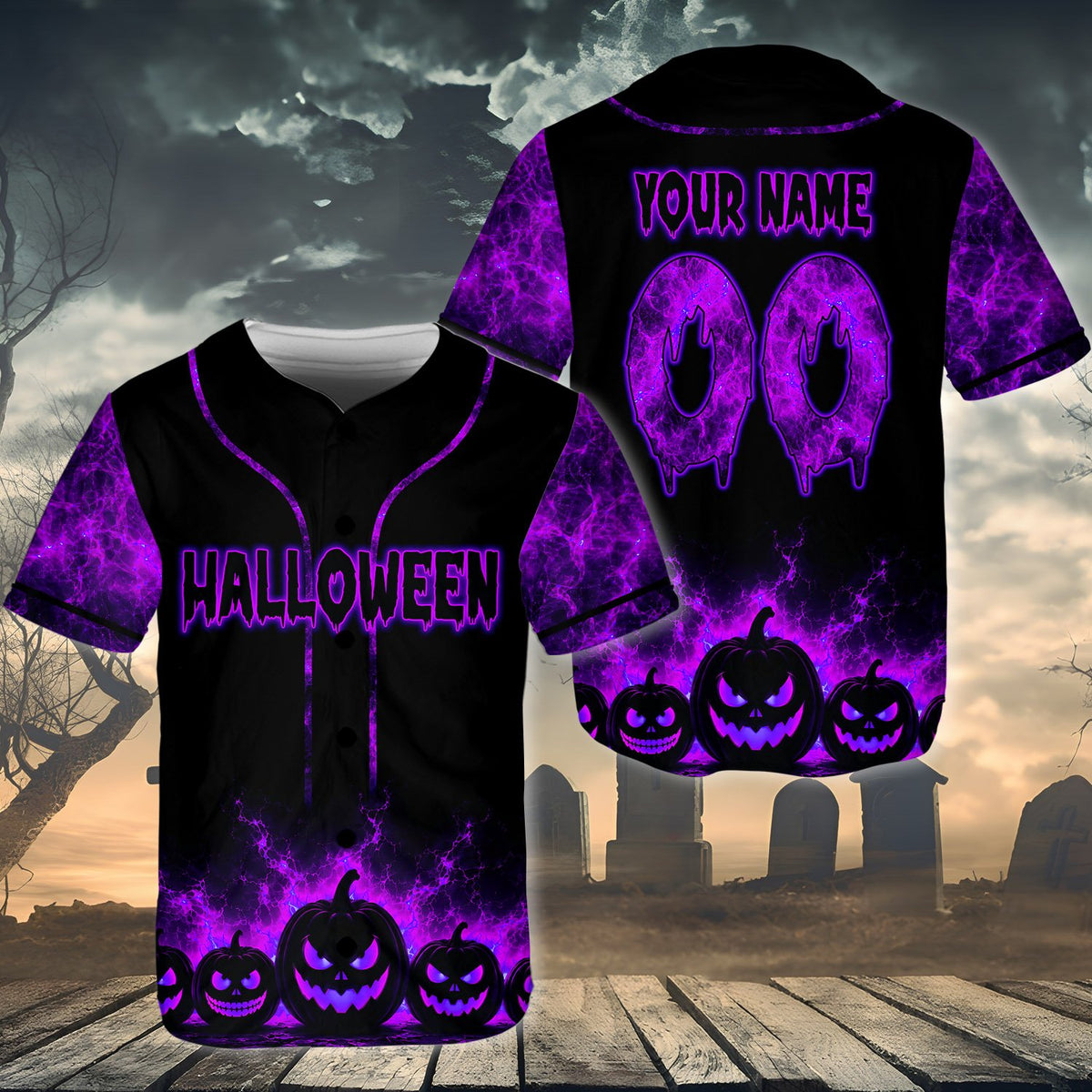 Front view of the black, green, purple, and red halloween jersey