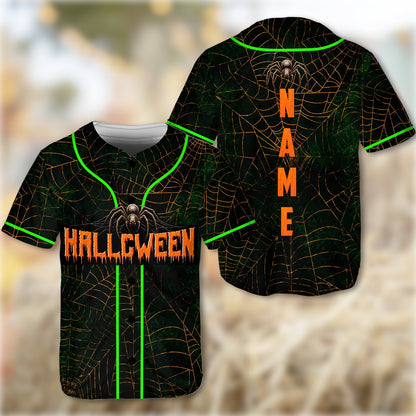 Sleeve and shoulder view of the halloween baseball jersey with spider web pattern