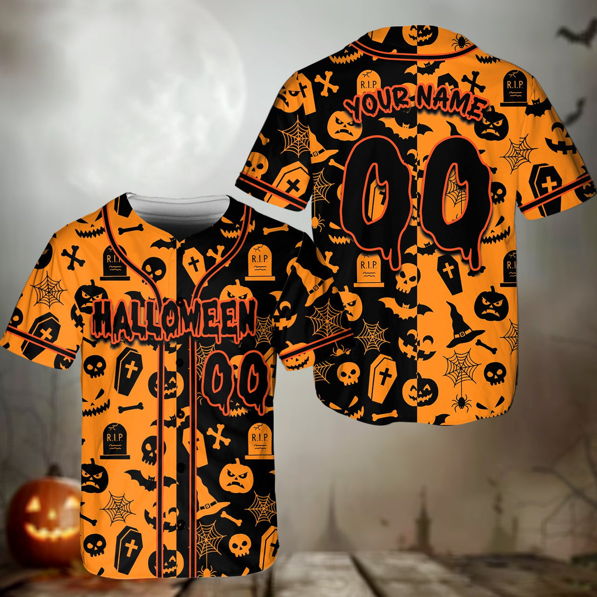 Lifestyle view of multicolor halloween baseball jersey