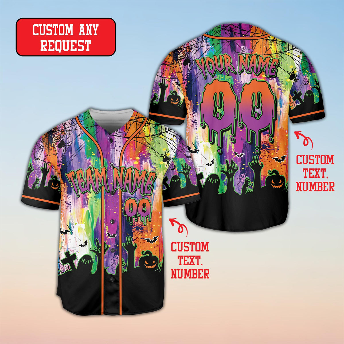 Front view of the multicolor Halloween baseball jersey