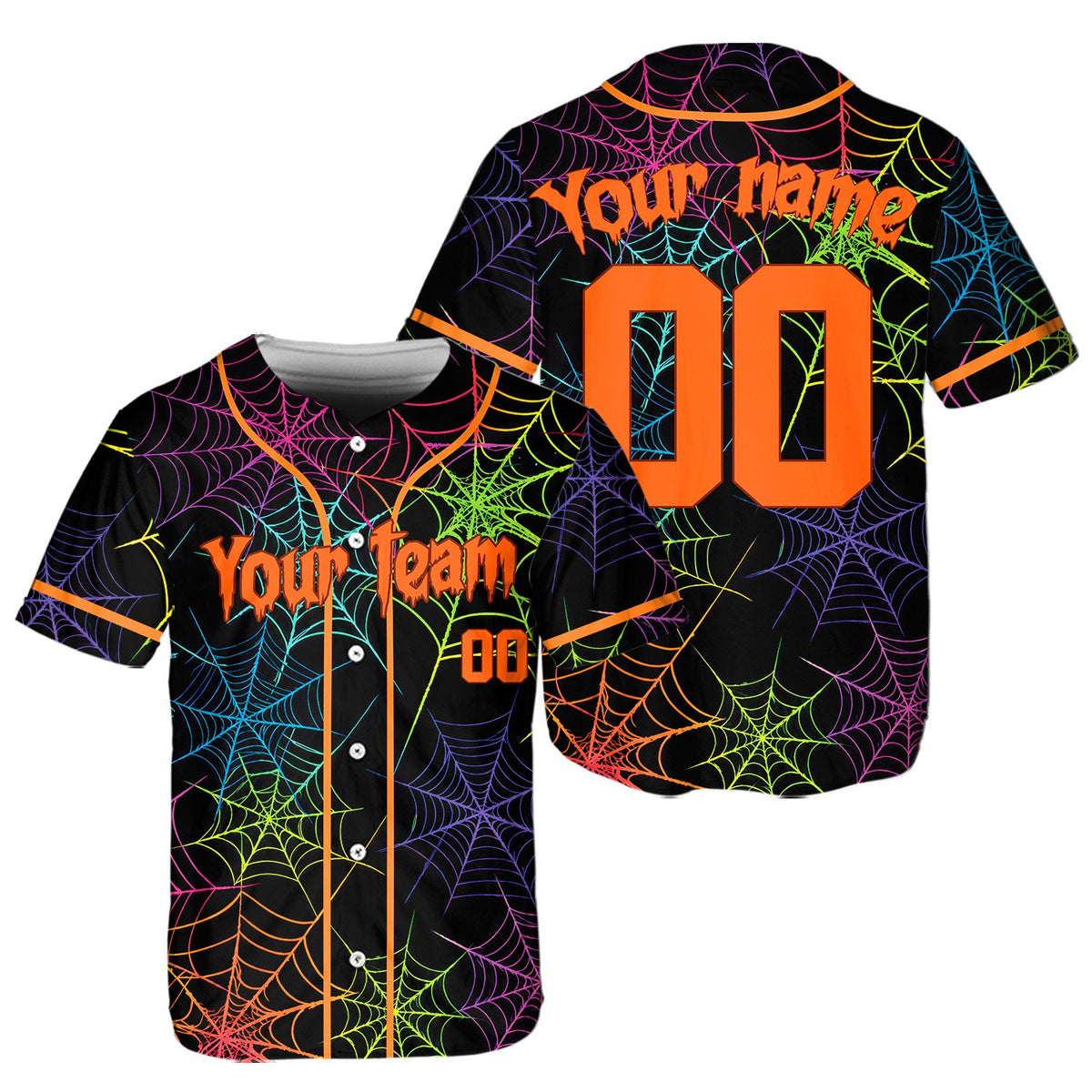 Lower front view of the customized neon spiderweb baseball jersey