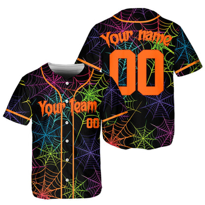 Lower front view of the customized neon spiderweb baseball jersey