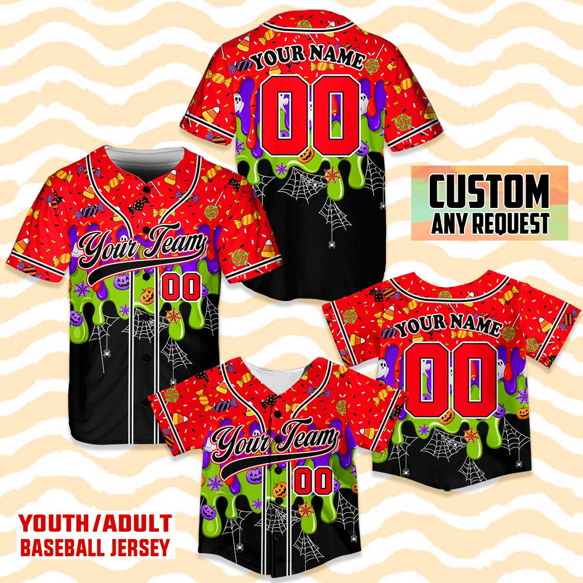 Front view showcasing the vibrant red background and ghost pattern on the jersey