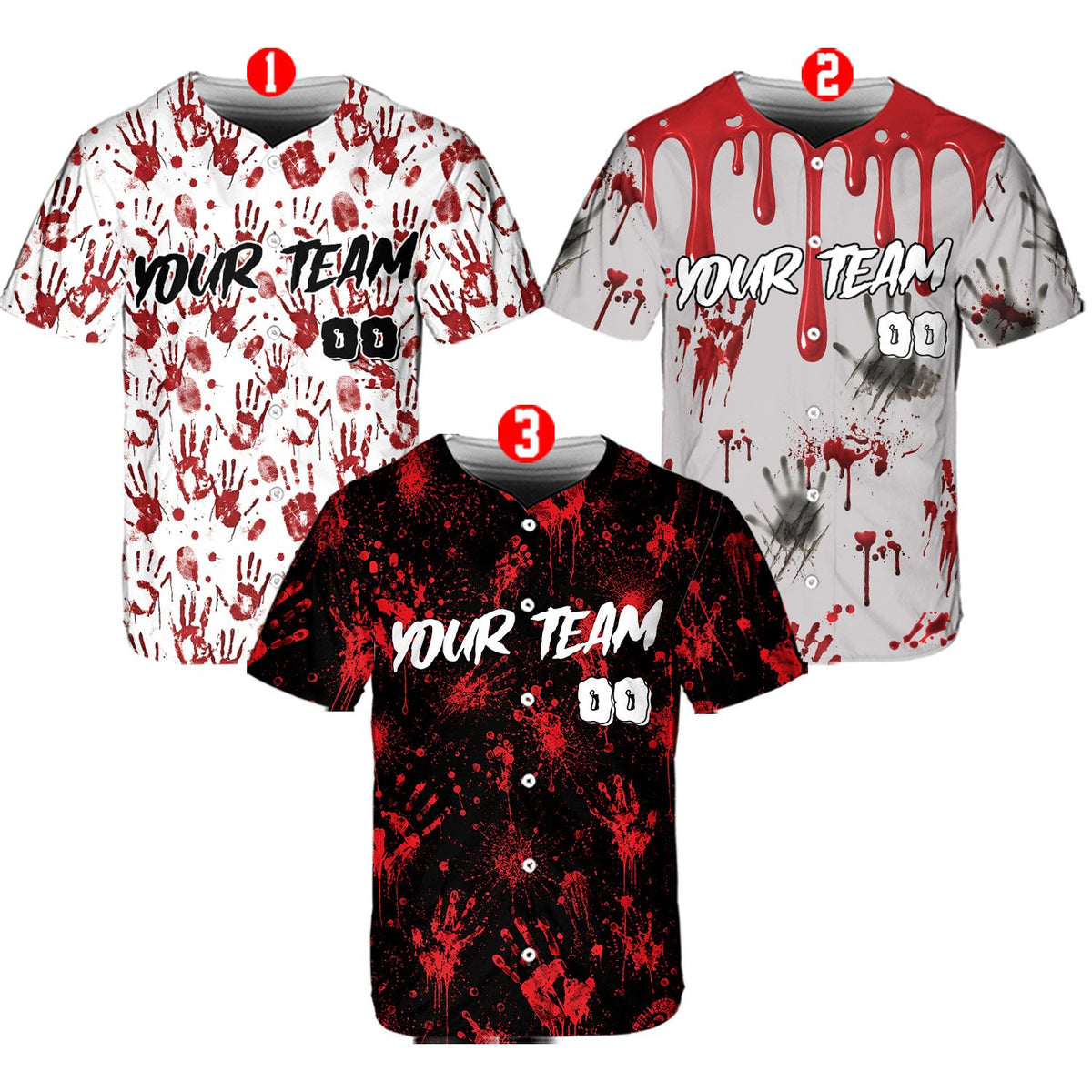 Front view of a multicolor custom name and number baseball jersey