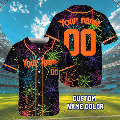 Main view of personalized Halloween baseball jersey with neon spiderweb design