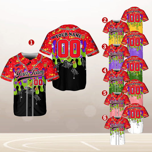 Personalized halloween baseball jersey with custom name and number, candy corn and ghost design on red background, main view