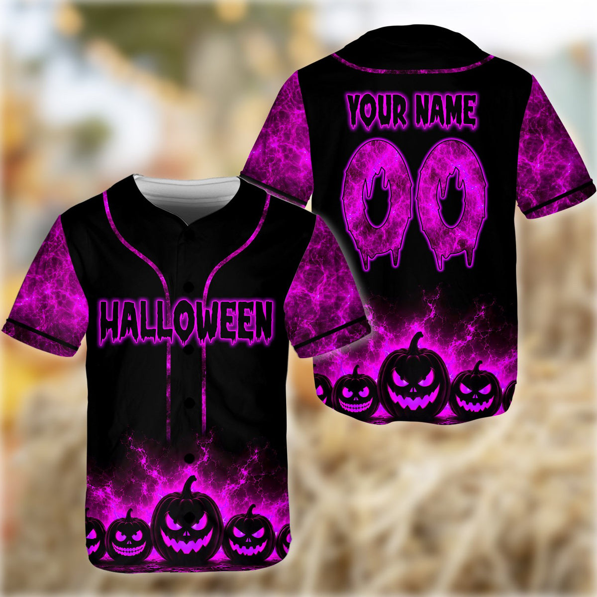 Front view of custom black halloween baseball jersey