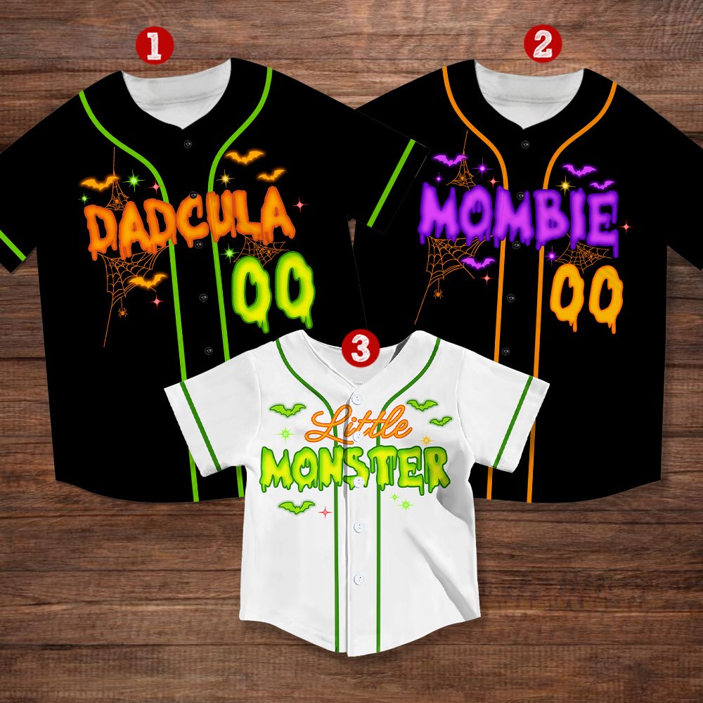 Spooky monster family custom baseball jersey, multicolor front view