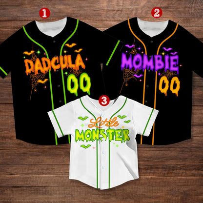 Spooky monster family custom baseball jersey, multicolor front view