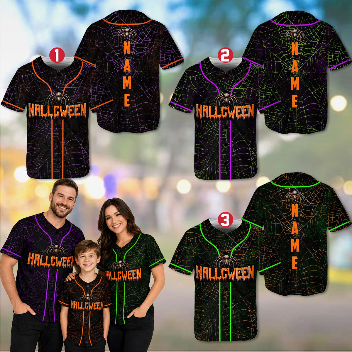 Personalized dark grunge halloween baseball jersey featuring spider web pattern and custom name placeholder, main view