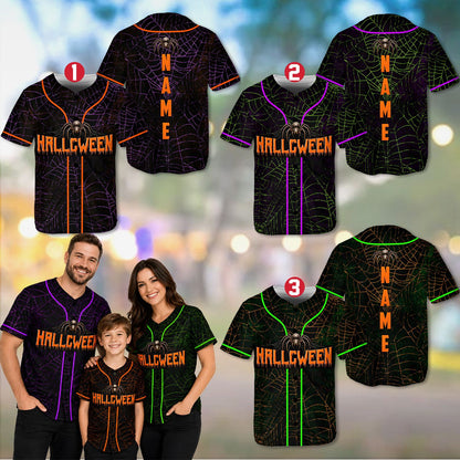 Front view of the custom halloween baseball jersey showing the large spider graphic and dripping orange text