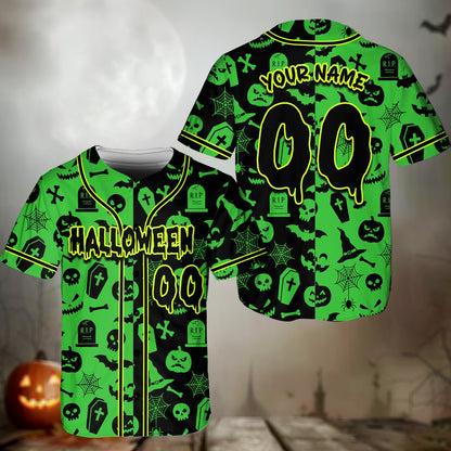 Personalized green halloween baseball jersey front view