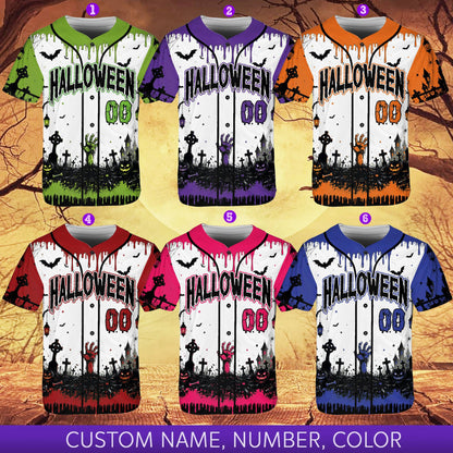 Halloween baseball jersey with custom name and number, front detail