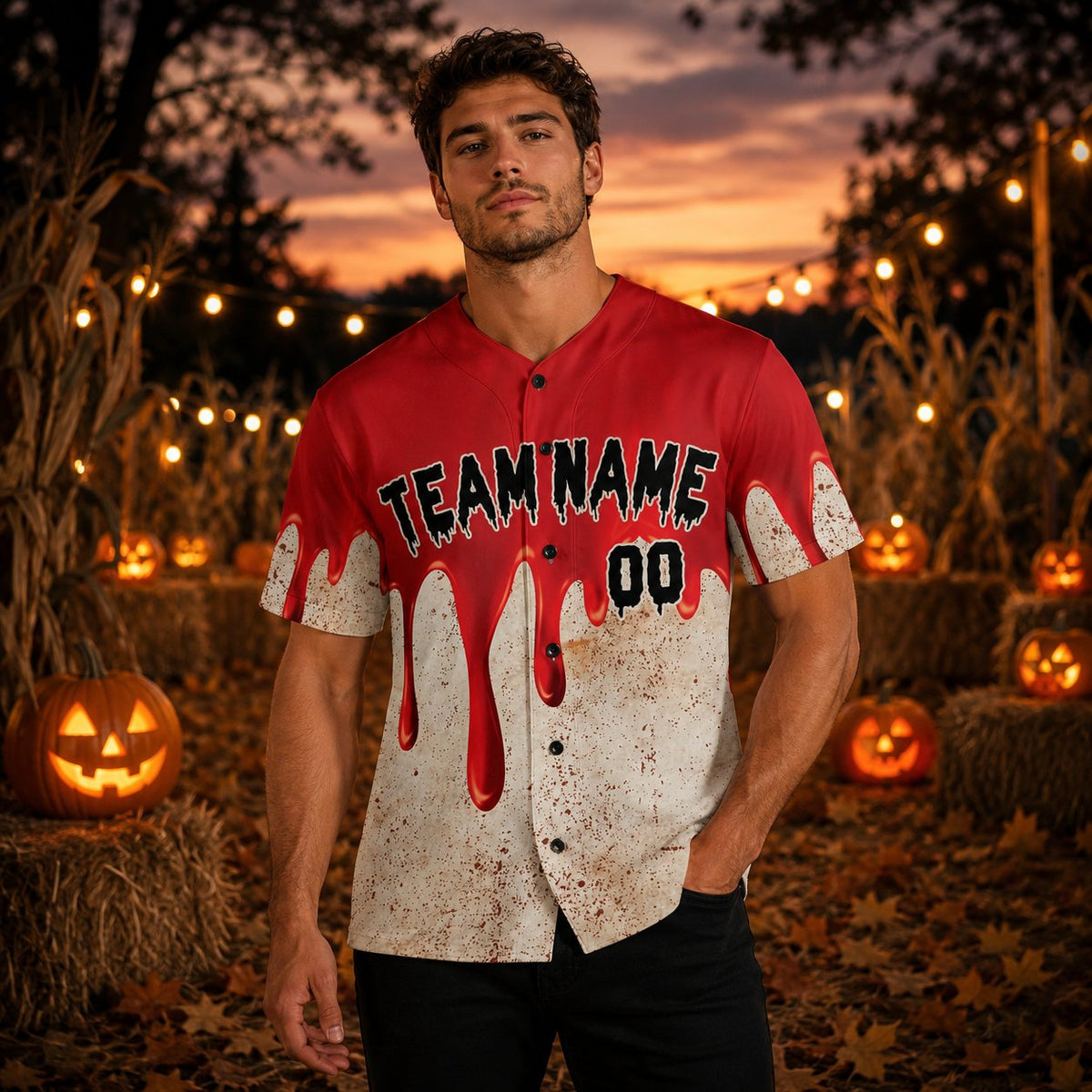 Person wearing halloween baseball jersey custom name and number lifestyle view