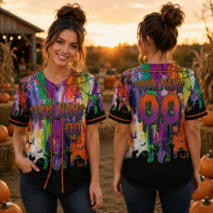 Lifestyle view of a person wearing the multicolor Halloween baseball jersey