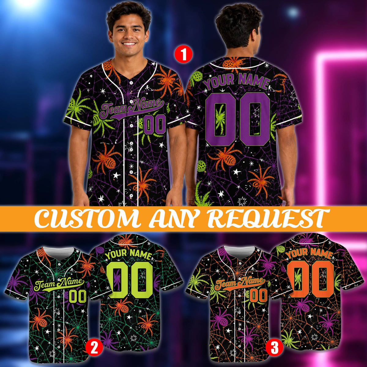 Adult wearing the personalized Halloween baseball jersey in a casual setting