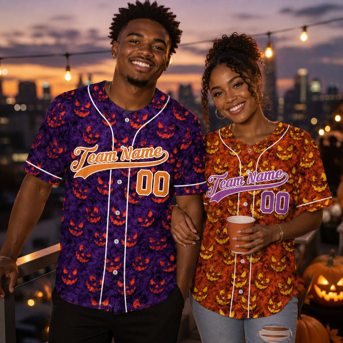 Lifestyle view of the custom name and number halloween baseball jersey with spooky pumpkins