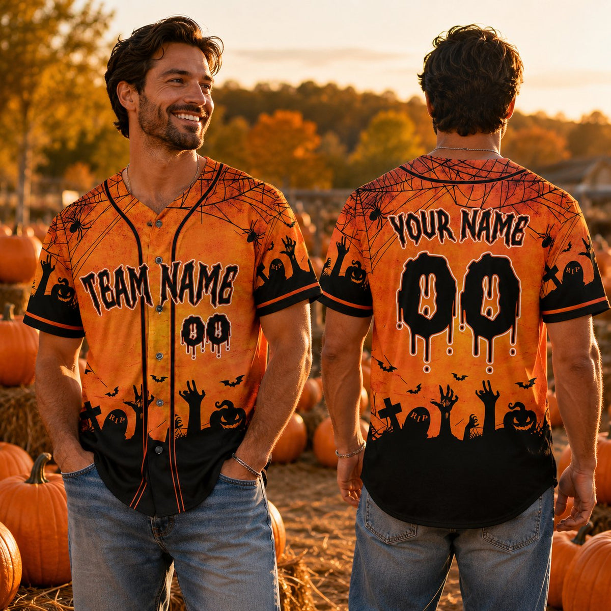 Another lifestyle view of the custom name and number baseball jersey outdoors