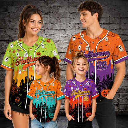 Person wearing the personalized Halloween baseball jersey with spider web design