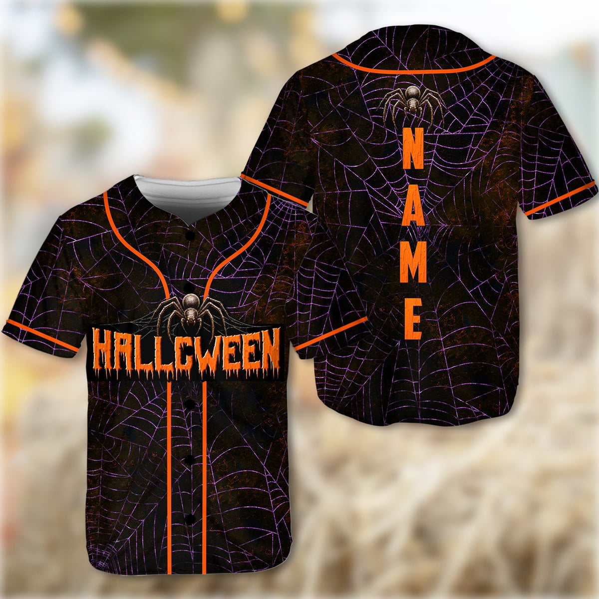Second lifestyle view of a person modeling the custom spider web baseball jersey