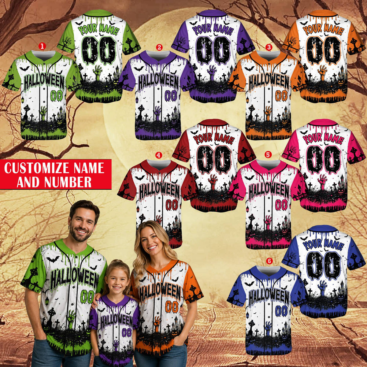 Another lifestyle view of the custom halloween themed baseball jersey