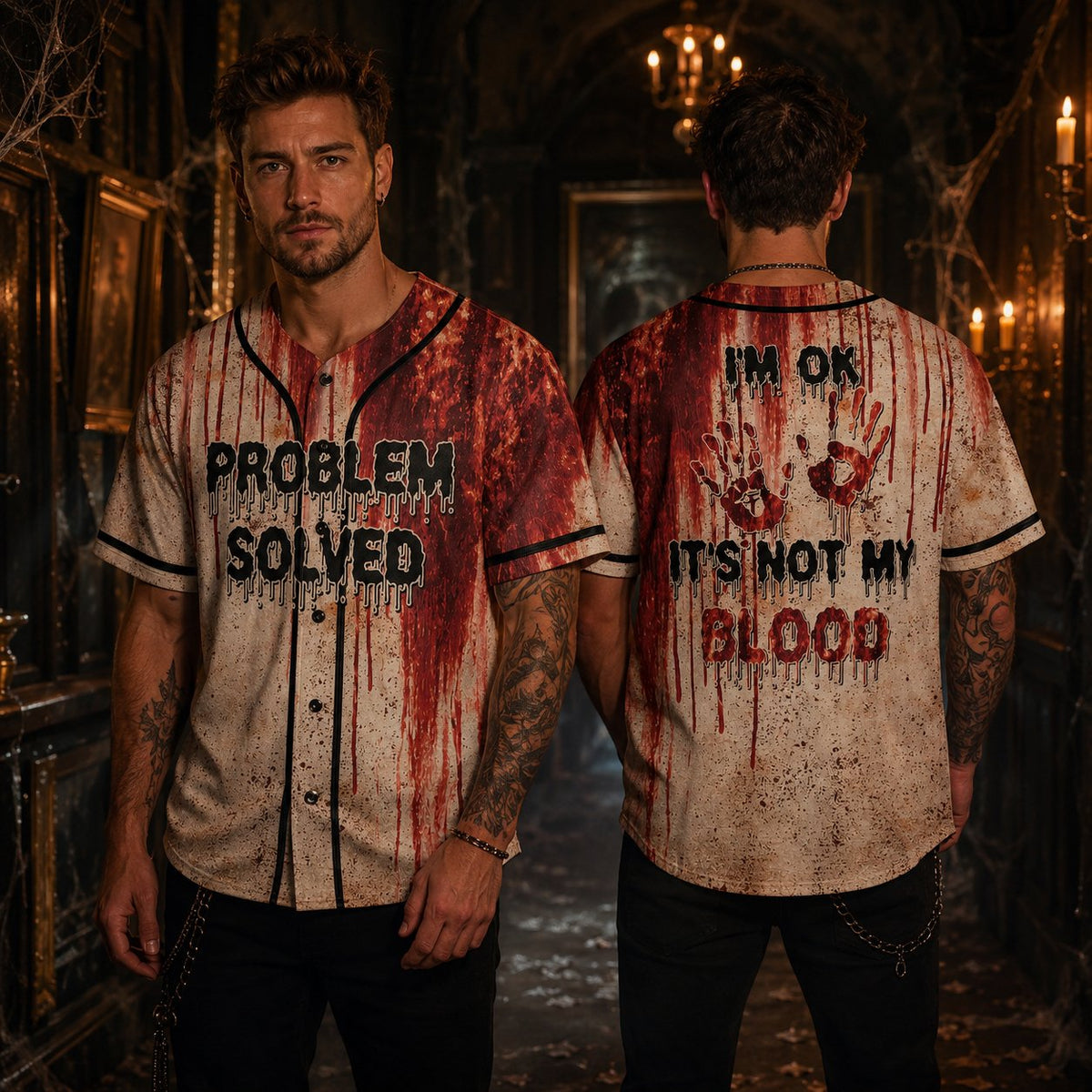 Lifestyle view of a person wearing the blood splattered baseball jersey