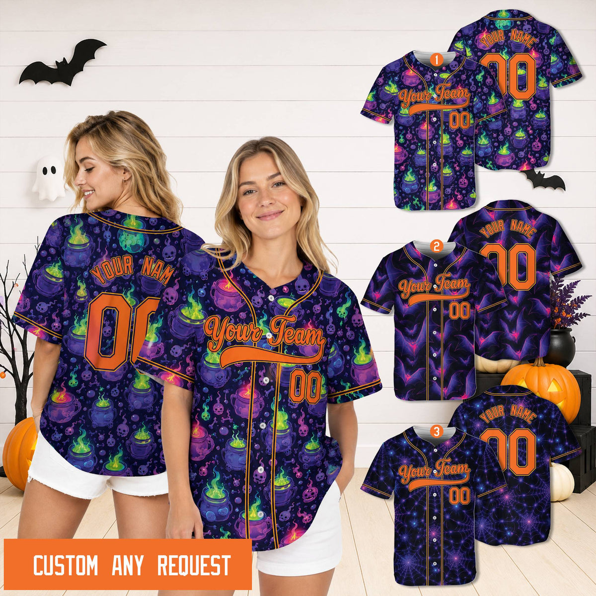 Lifestyle view of a person wearing the personalized neon Halloween baseball jersey