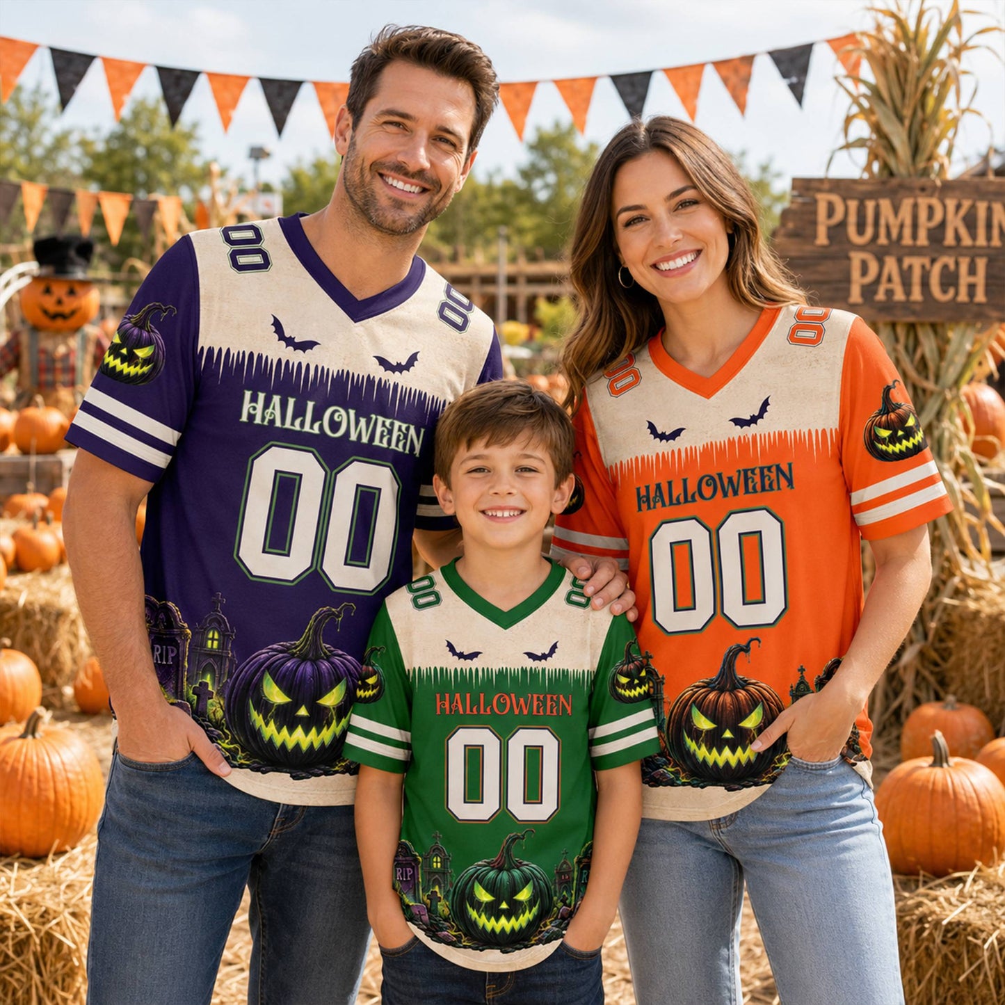 Lifestyle view of the custom name and number halloween themed baseball jersey