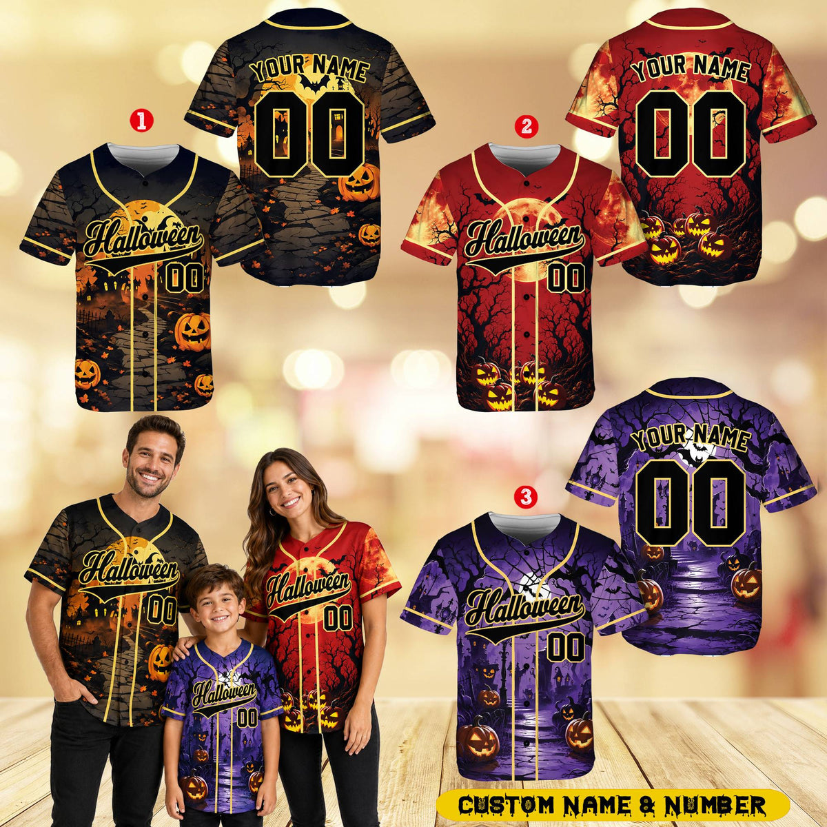 Third lifestyle view showing the custom name and number on the halloween baseball jersey