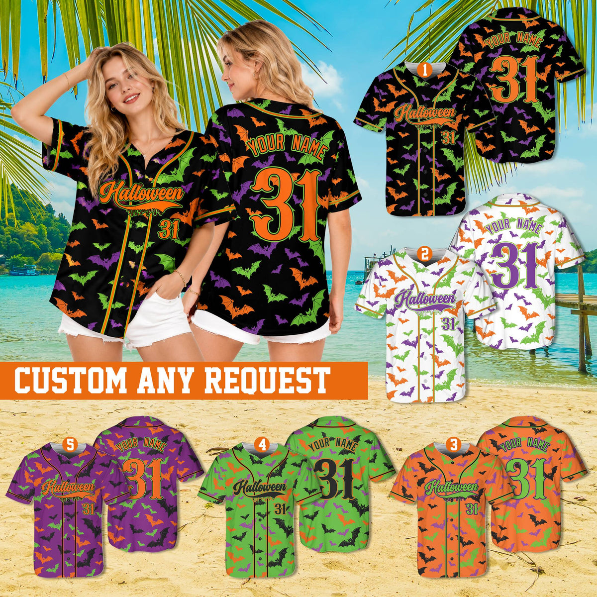 Lifestyle view of someone wearing a multicolor personalized halloween baseball jersey