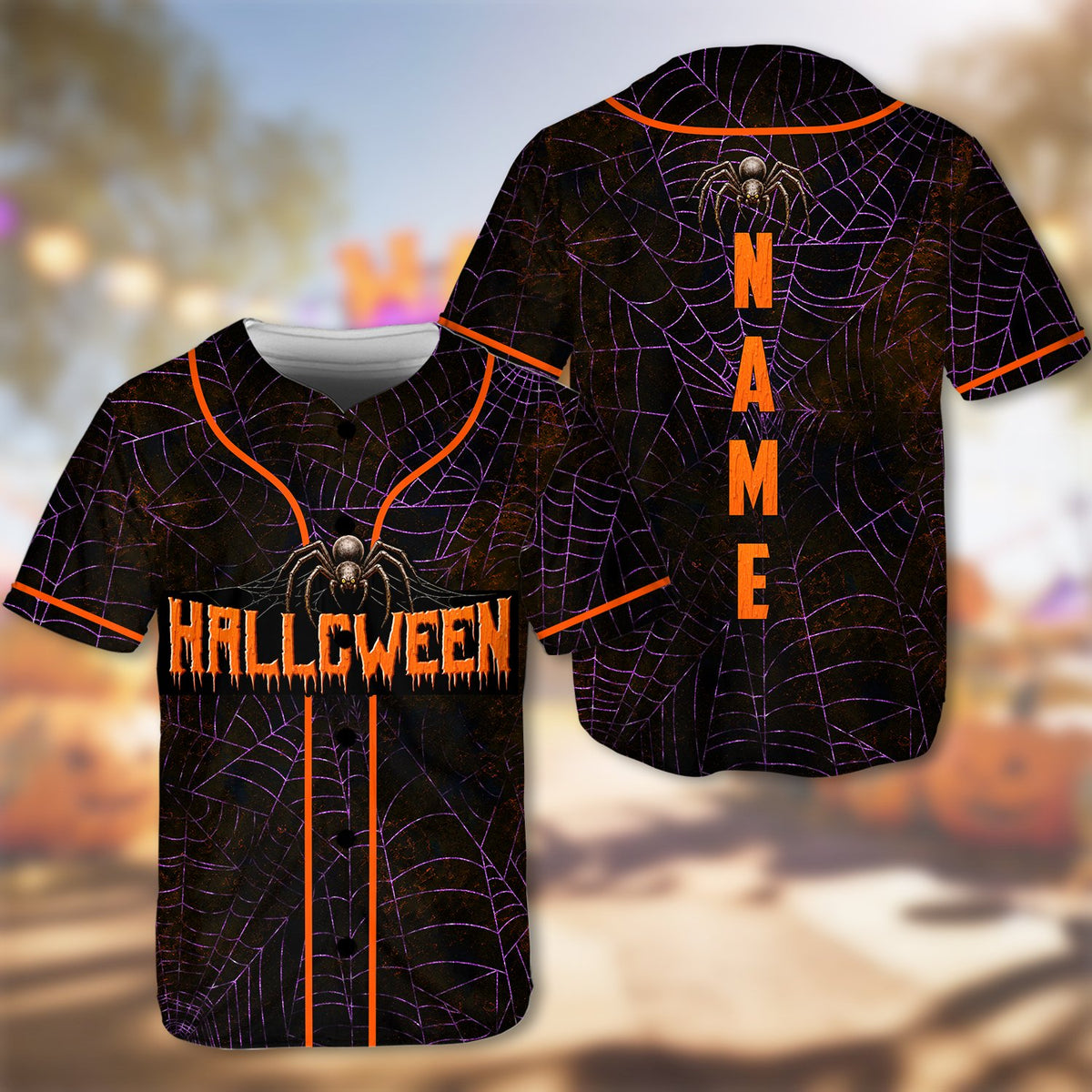 Lifestyle view of a person wearing the personalized dark grunge halloween baseball jersey