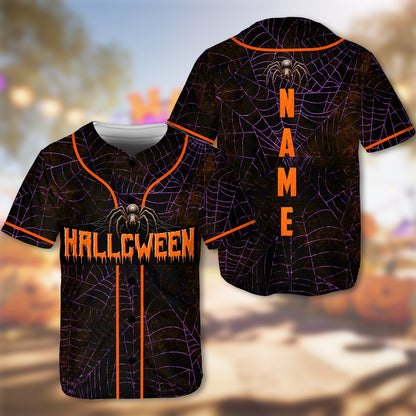 Lifestyle view of a person wearing the personalized dark grunge halloween baseball jersey