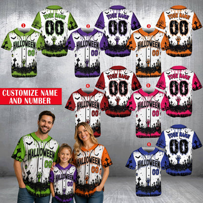 Lifestyle shot of a person wearing the personalized halloween baseball jersey