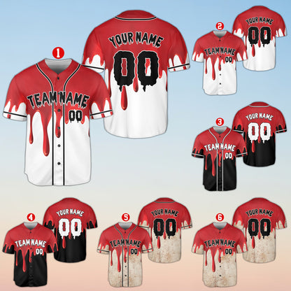 Close up of halloween baseball jersey dripping blood pattern