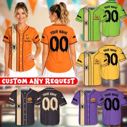 Display of multicolor personalized halloween baseball jerseys showing available color options