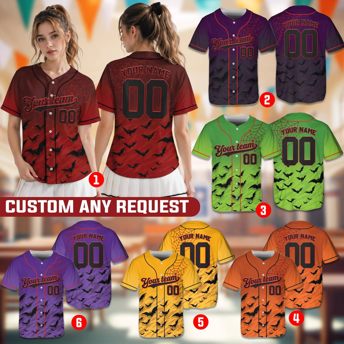 Multicolor view showing various color options for the custom halloween baseball jersey