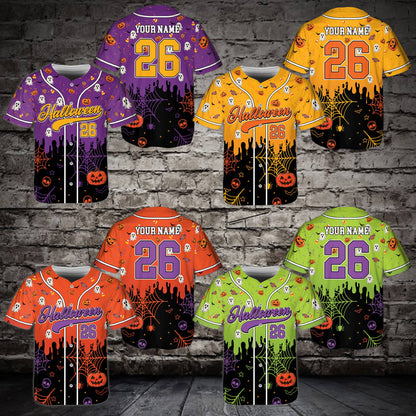 Detailed view of the Halloween baseball jersey fabric and buttons
