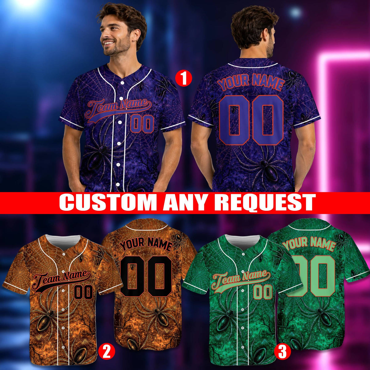 Multicolor halloween themed baseball jersey showing intricate spider details