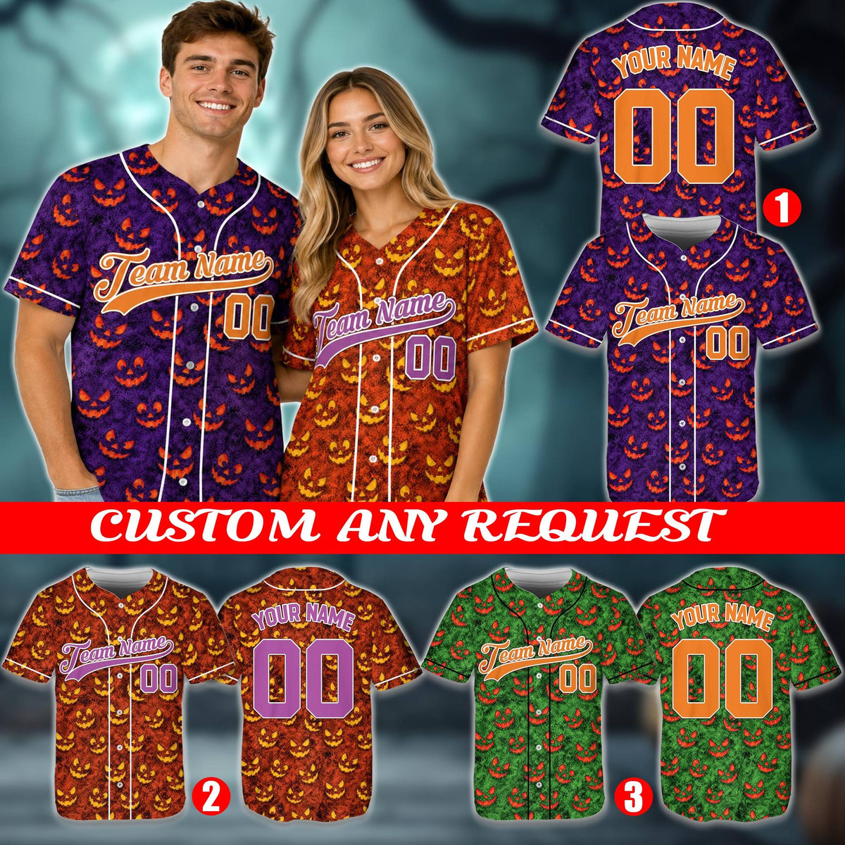 Detailed view of the speckled background and all-over jack-o'-lantern print on the baseball jersey