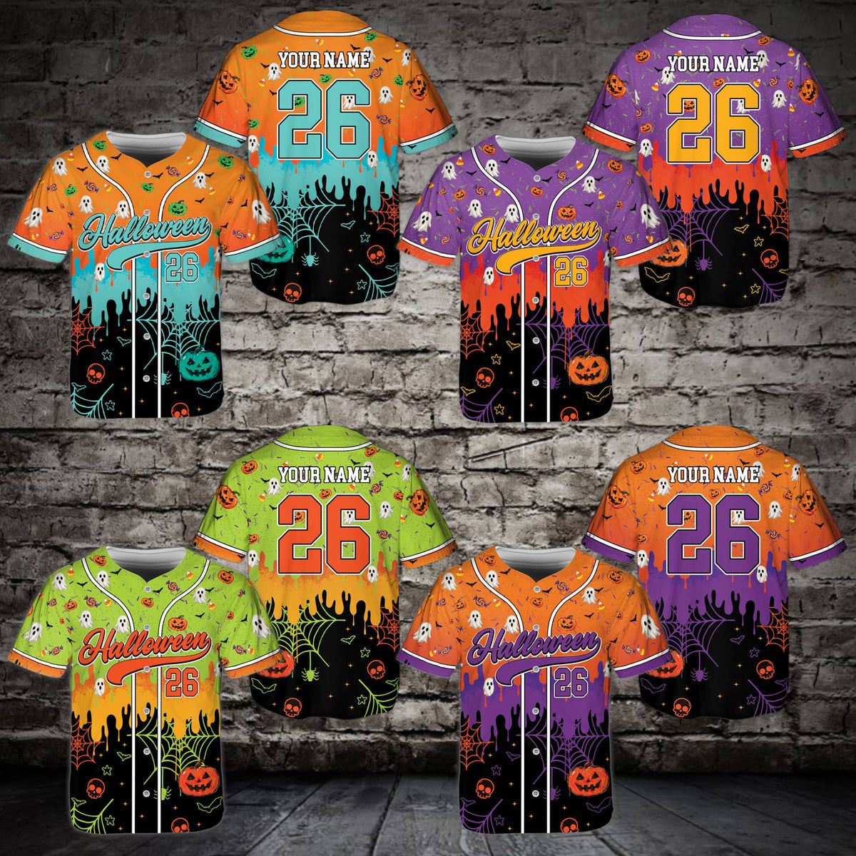 Close up of the ghost and pumpkin pattern on the custom baseball jersey