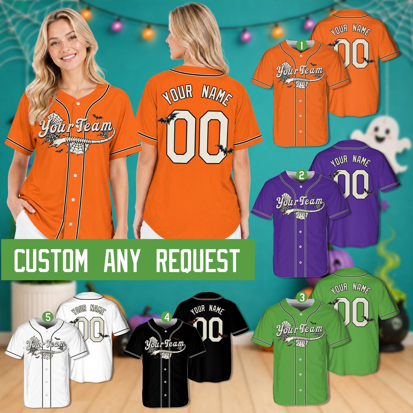 Multicolor Halloween baseball jersey showcasing custom name and number details