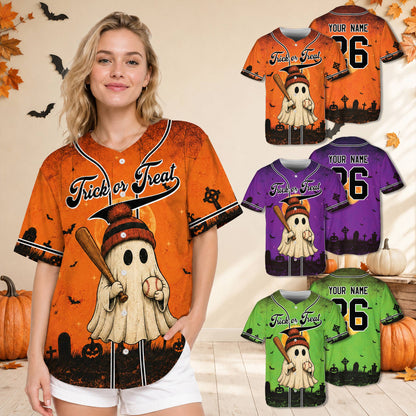 Back view of the Halloween baseball jersey showing the personalized name and number