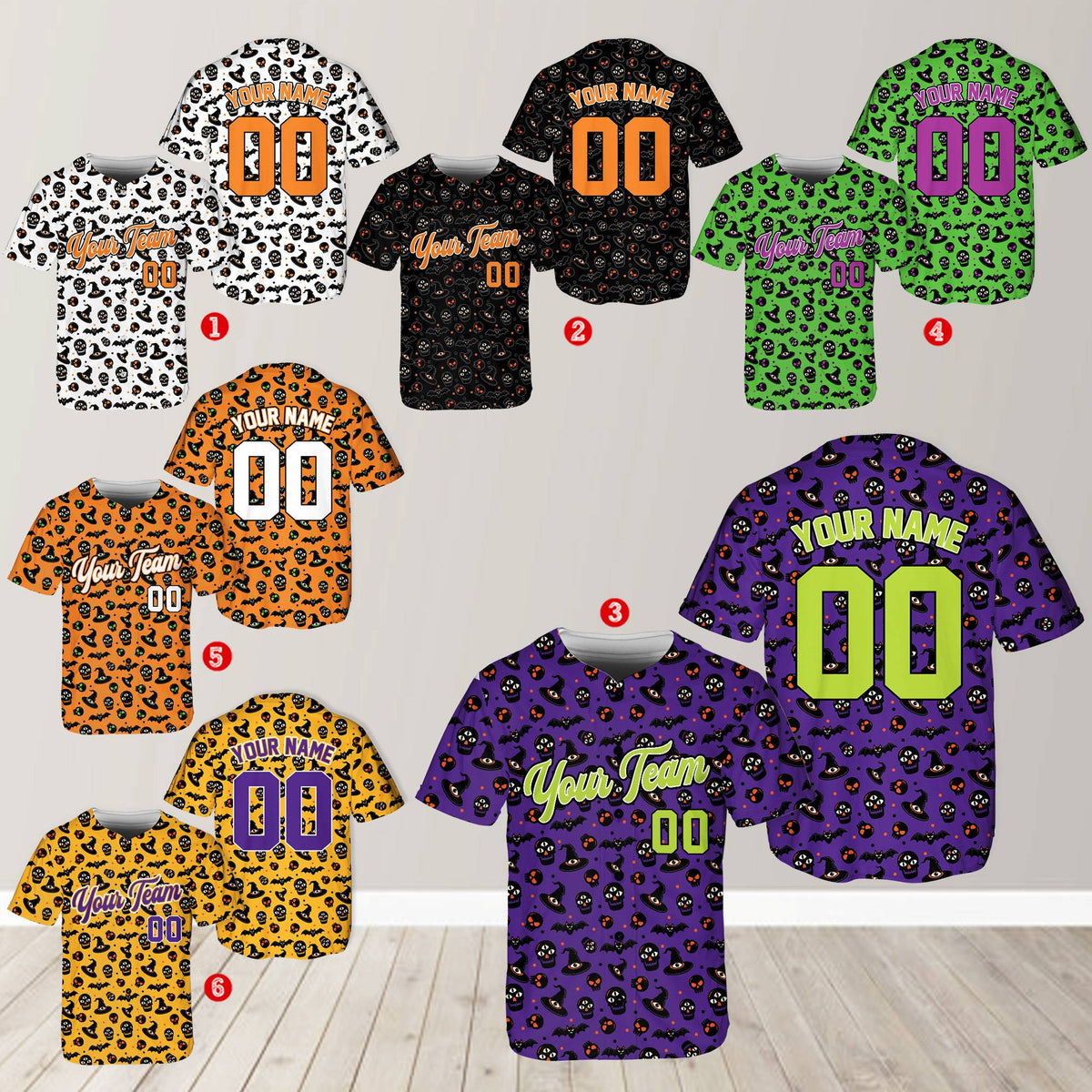 Multicolor view showing the personalized halloween baseball jersey design